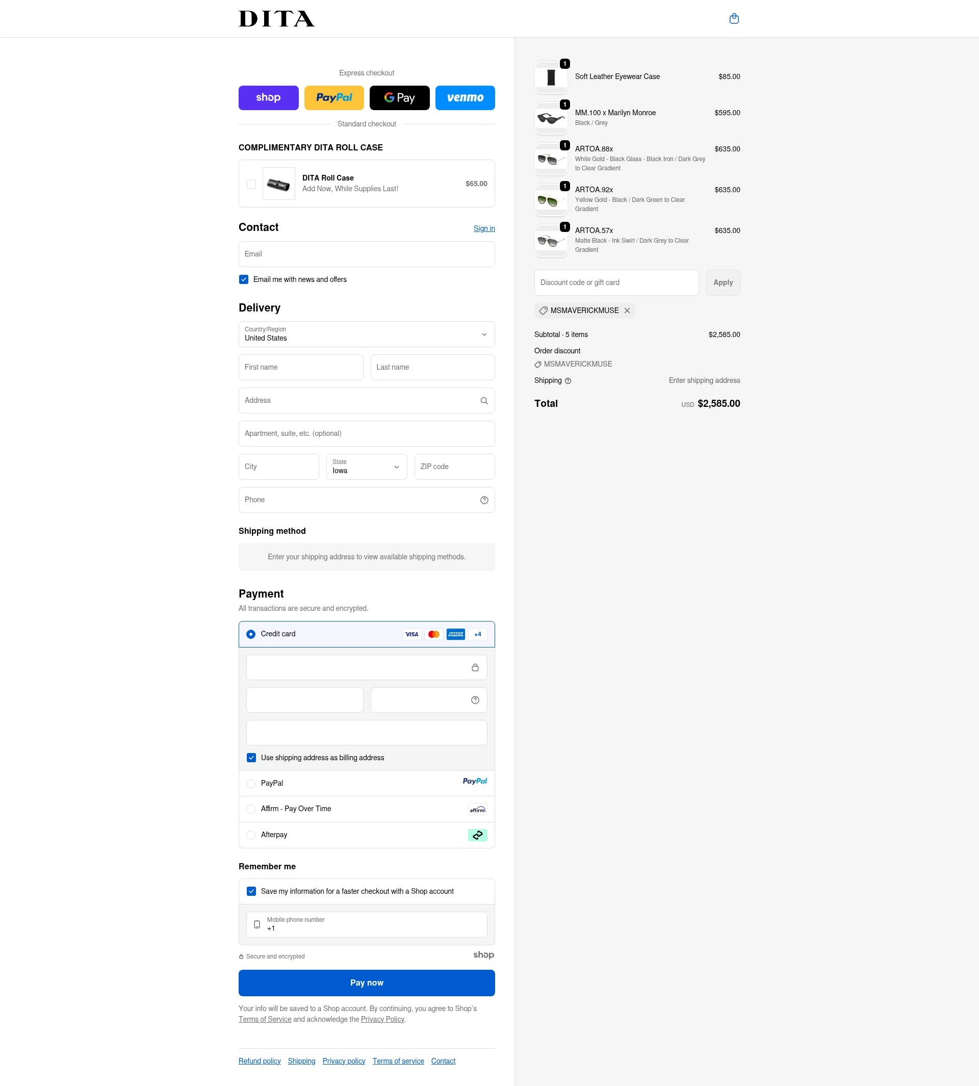 Dita checkout page showing Dita discount code box | Screenshot taken by SimplyCodes community member on Sep 19, 2025
