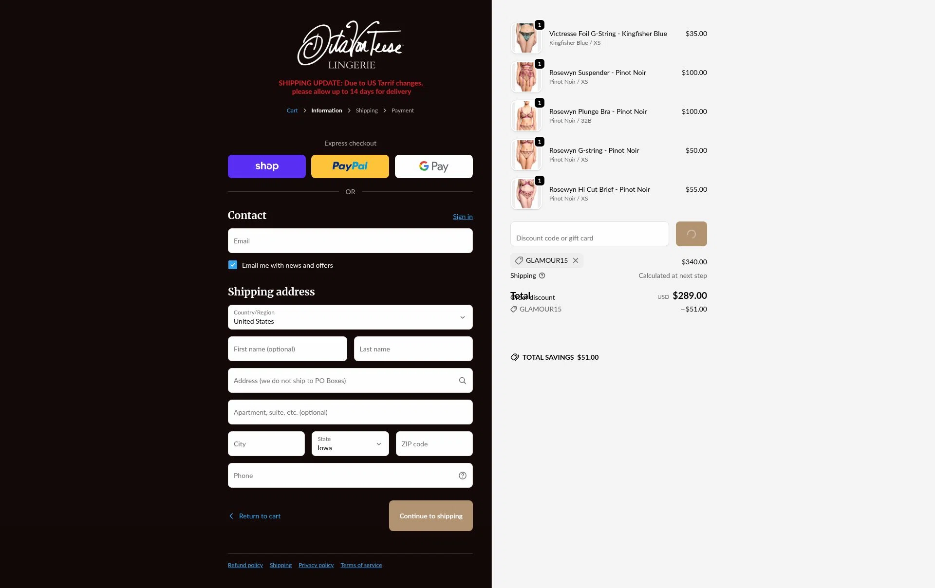 Dita Von Teese checkout page showing Dita Von Teese discount code box | Screenshot taken by SimplyCodes community member on Feb 11, 2026
