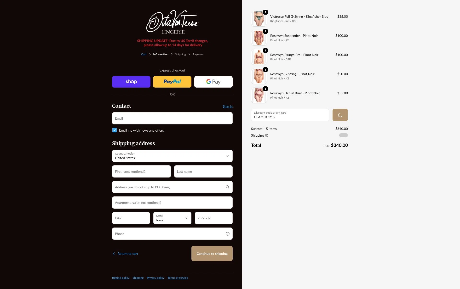 Dita Von Teese checkout page showing Dita Von Teese discount code box | Screenshot taken by SimplyCodes community member on Feb 15, 2026