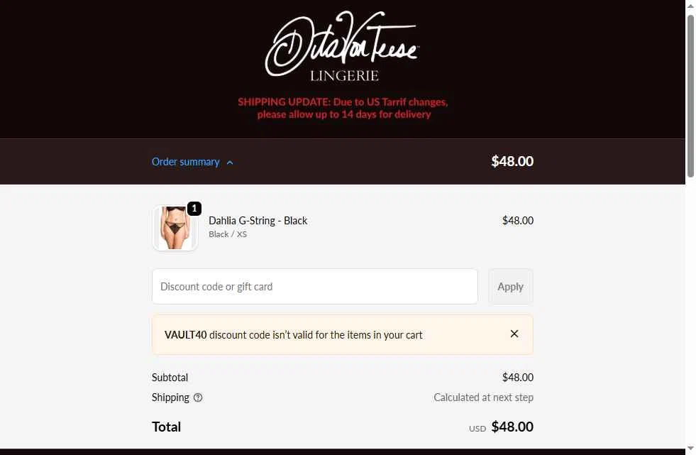 Dita Von Teese checkout page showing Dita Von Teese discount code box | Screenshot taken by SimplyCodes community member on Feb 20, 2026
