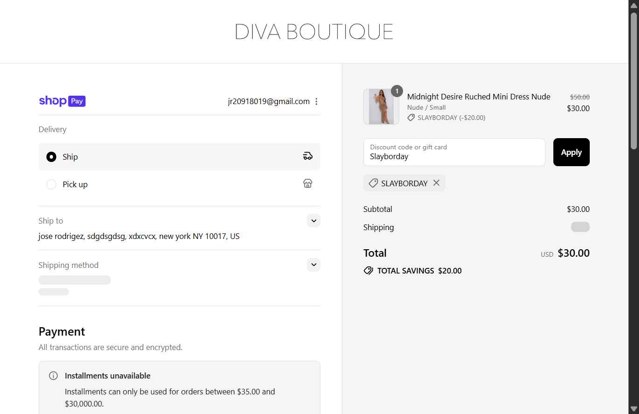 Diva Boutique checkout page showing Diva Boutique discount code box | Screenshot taken by SimplyCodes community member on Aug 27, 2025