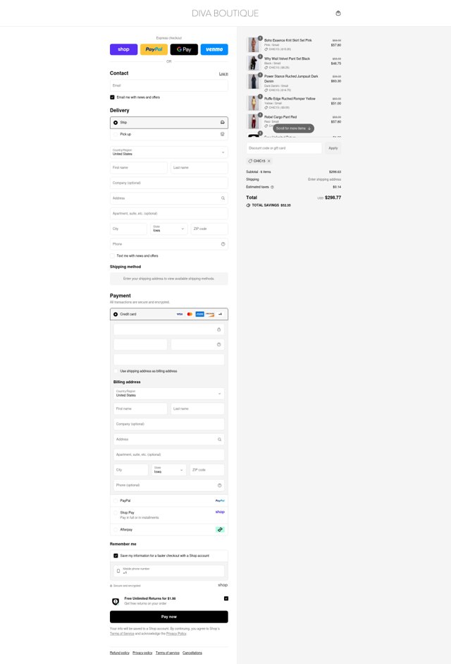 Diva Boutique checkout page showing Diva Boutique discount code box | Screenshot taken by SimplyCodes community member on Aug 28, 2025