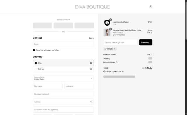 Diva Boutique checkout page showing Diva Boutique discount code box | Screenshot taken by SimplyCodes community member on Aug 20, 2025