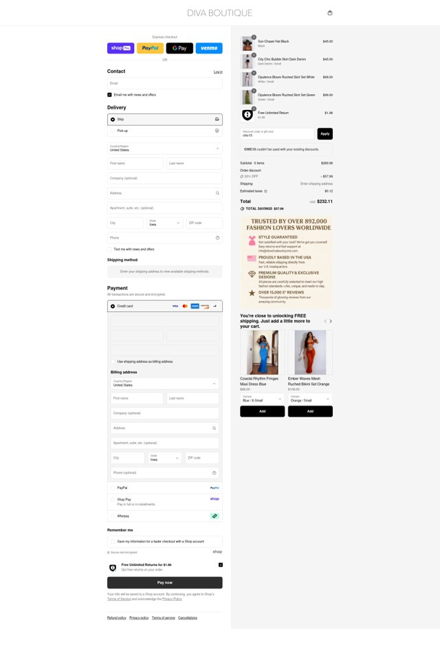 Diva Boutique checkout page showing Diva Boutique discount code box | Screenshot taken by SimplyCodes community member on Aug 24, 2025