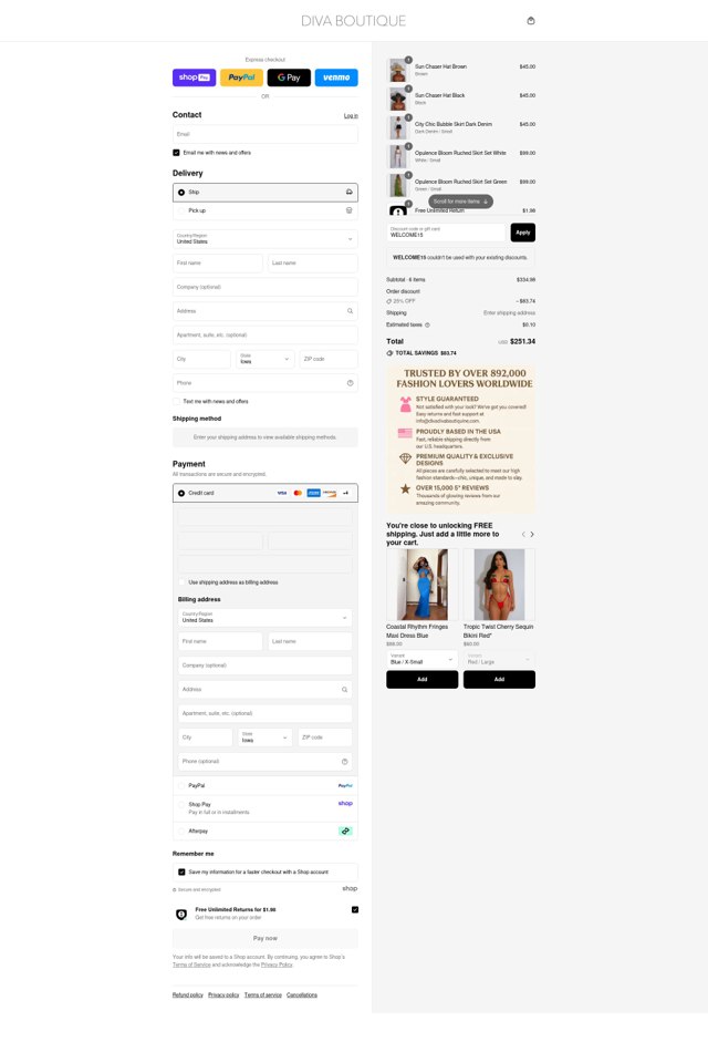 Diva Boutique checkout page showing Diva Boutique discount code box | Screenshot taken by SimplyCodes community member on Aug 20, 2025