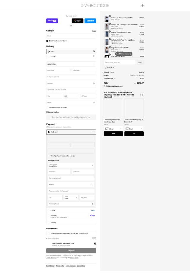 Diva Boutique checkout page showing Diva Boutique discount code box | Screenshot taken by SimplyCodes community member on Aug 15, 2025