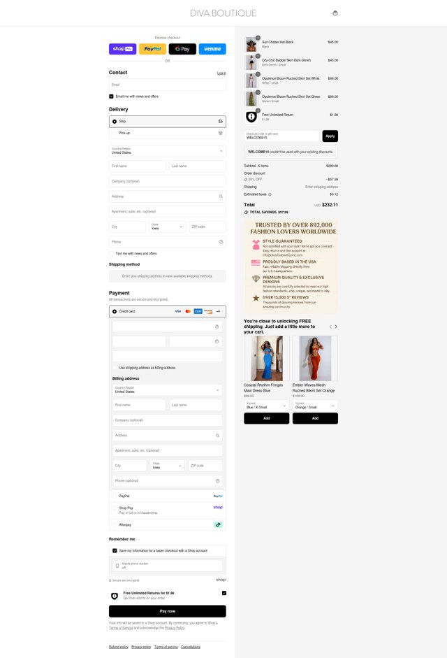 Diva Boutique checkout page showing Diva Boutique discount code box | Screenshot taken by SimplyCodes community member on Aug 24, 2025