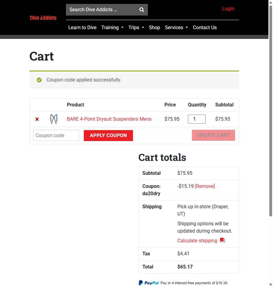 Dive Addicts checkout page showing Dive Addicts promo code box | Screenshot taken by SimplyCodes community member on May 14, 2025