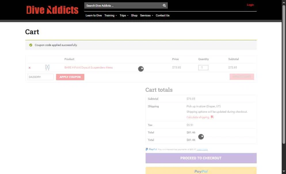 Dive Addicts checkout page showing Dive Addicts promo code box | Screenshot taken by SimplyCodes community member on Dec 16, 2025