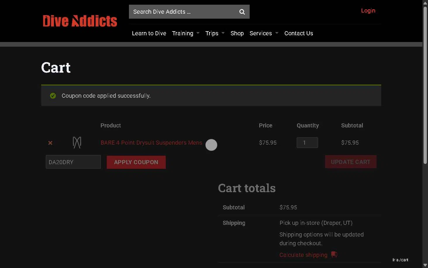 Dive Addicts checkout page showing Dive Addicts promo code box | Screenshot taken by SimplyCodes community member on Nov 20, 2025