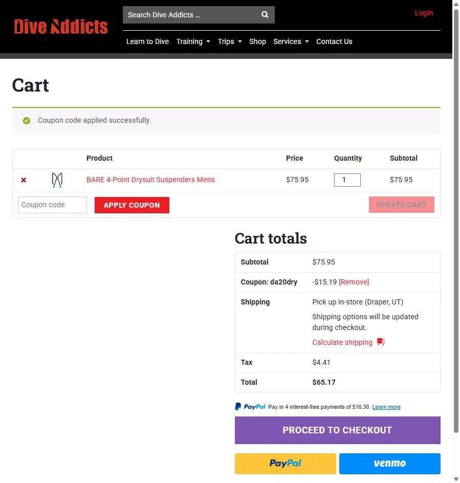 Dive Addicts checkout page showing Dive Addicts promo code box | Screenshot taken by SimplyCodes community member on May 14, 2025