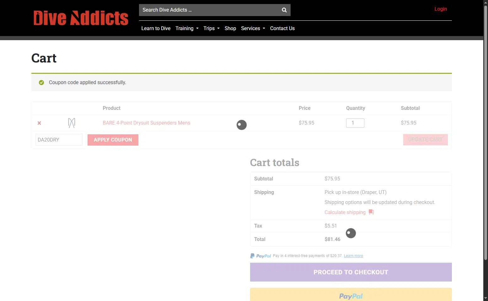 Dive Addicts checkout page showing Dive Addicts promo code box | Screenshot taken by SimplyCodes community member on May 14, 2025