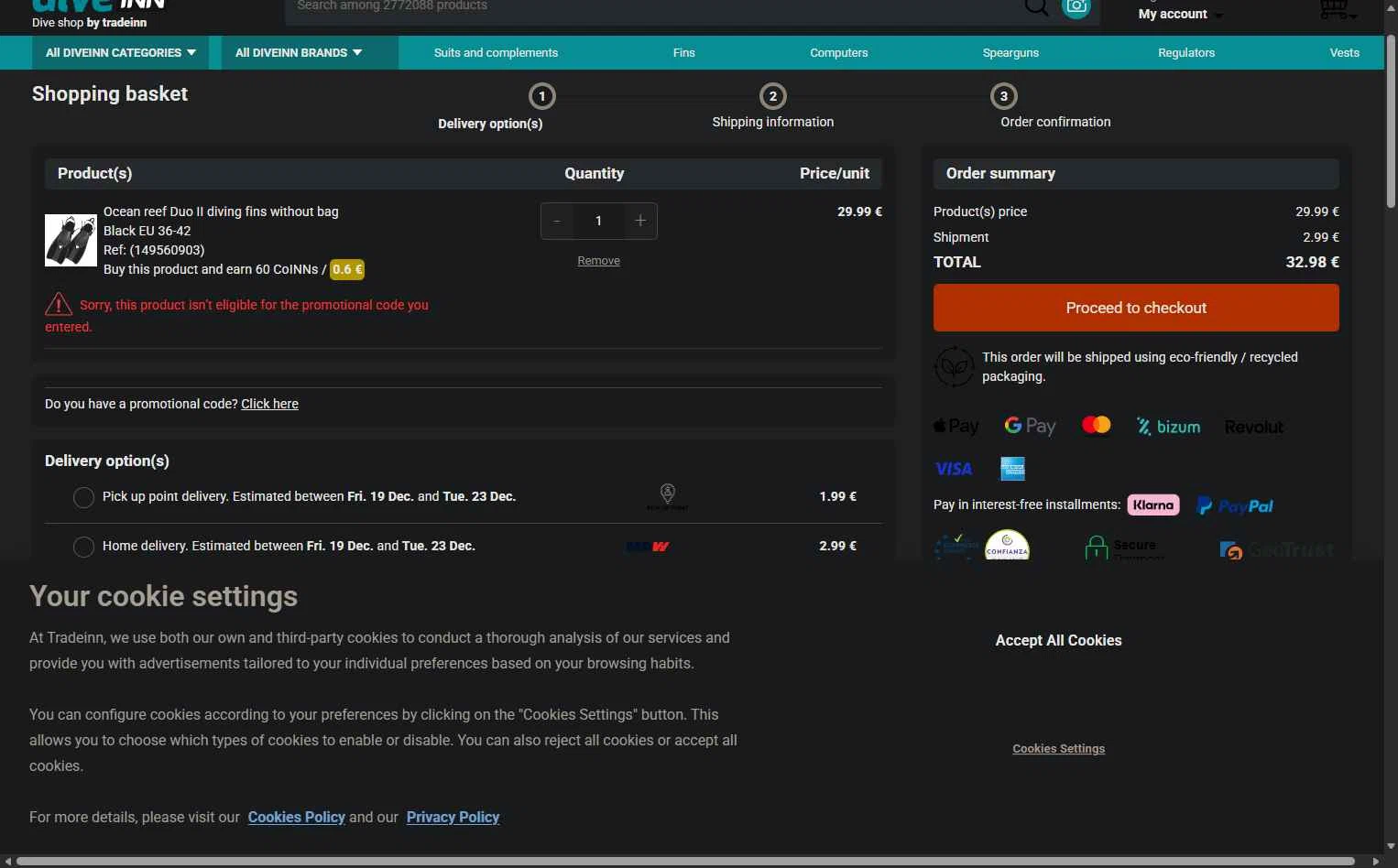 Diveinn checkout page showing Diveinn promo code box | Screenshot taken by SimplyCodes community member on Dec 18, 2025