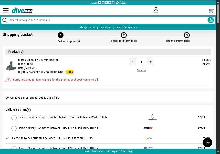 Diveinn checkout page showing Diveinn promo code box | Screenshot taken by SimplyCodes community member on Feb 16, 2026