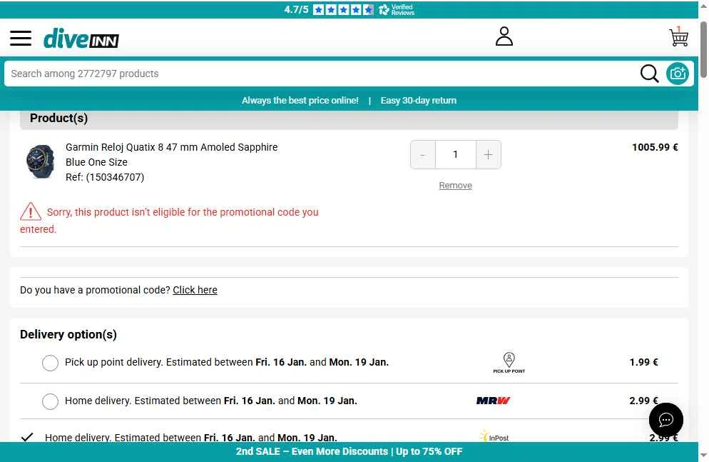 Diveinn checkout page showing Diveinn promo code box | Screenshot taken by SimplyCodes community member on Jan 14, 2026