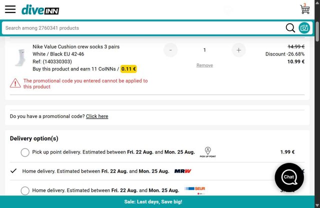 Diveinn checkout page showing Diveinn promo code box | Screenshot taken by SimplyCodes community member on Aug 21, 2025