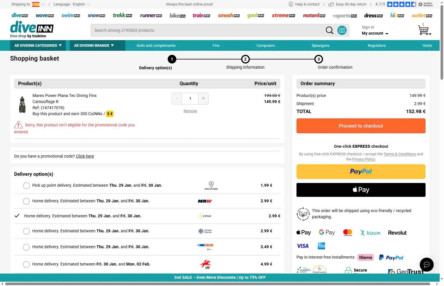 Diveinn checkout page showing Diveinn promo code box | Screenshot taken by SimplyCodes community member on Jan 28, 2026