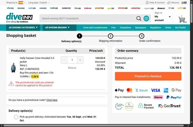 Diveinn checkout page showing Diveinn promo code box | Screenshot taken by SimplyCodes community member on Sep 28, 2025
