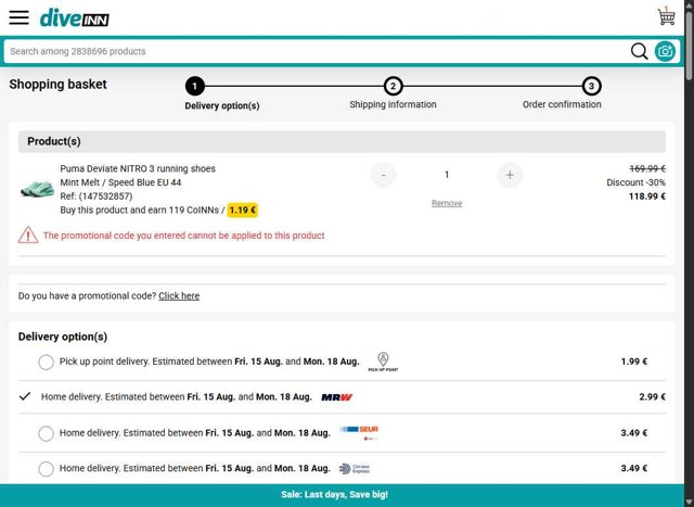 Diveinn checkout page showing Diveinn promo code box | Screenshot taken by SimplyCodes community member on Aug 13, 2025