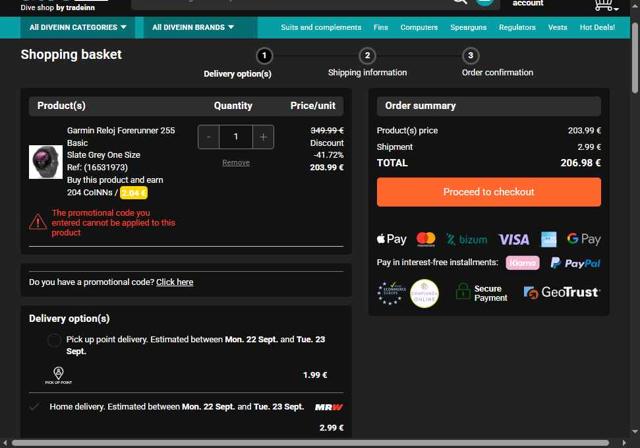 Diveinn checkout page showing Diveinn promo code box | Screenshot taken by SimplyCodes community member on Sep 21, 2025