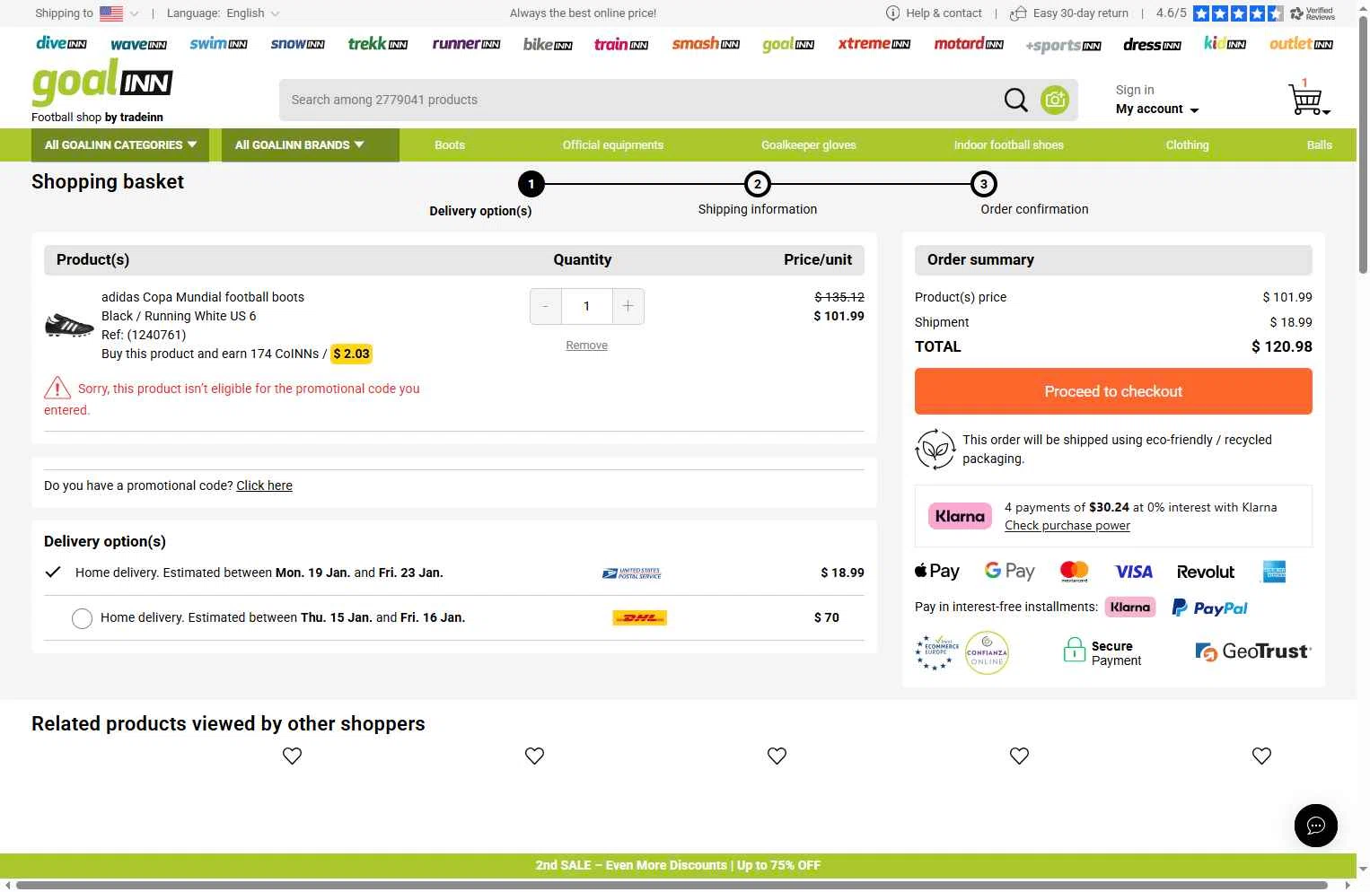 Diveinn checkout page showing Diveinn promo code box | Screenshot taken by SimplyCodes community member on Jan 13, 2026