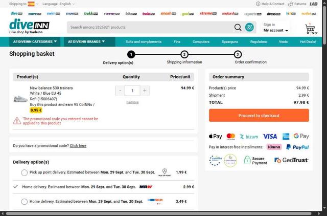 Diveinn checkout page showing Diveinn promo code box | Screenshot taken by SimplyCodes community member on Sep 26, 2025