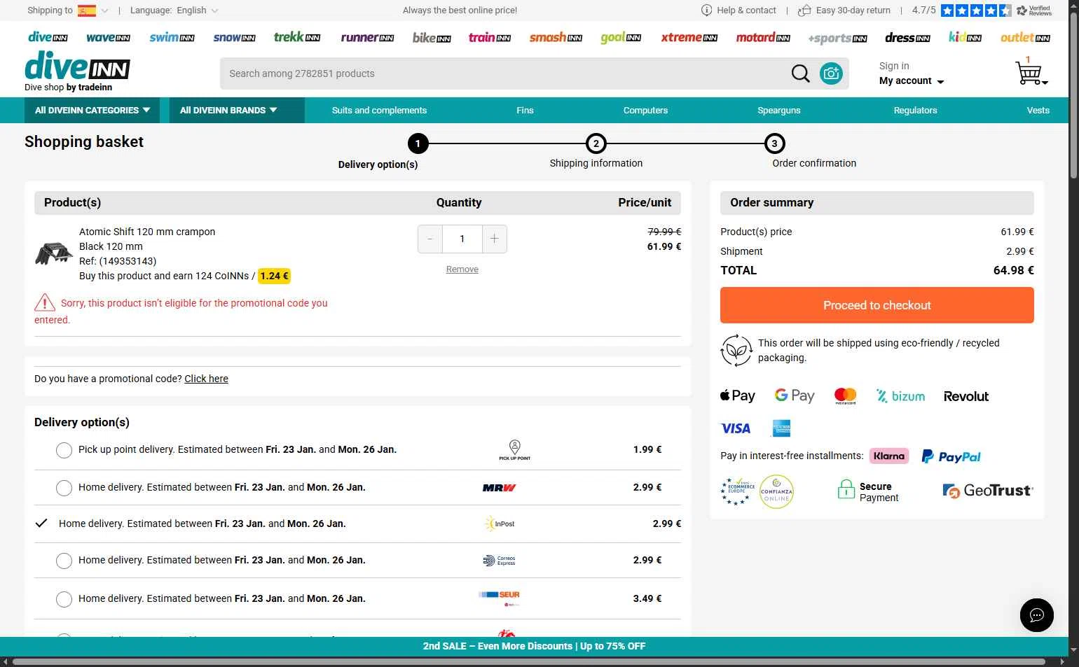 Diveinn checkout page showing Diveinn promo code box | Screenshot taken by SimplyCodes community member on Jan 18, 2026