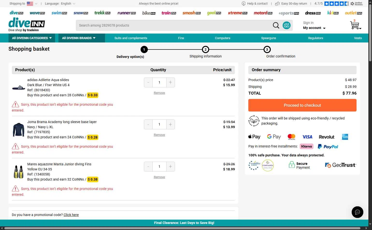 Diveinn checkout page showing Diveinn promo code box | Screenshot taken by SimplyCodes community member on Feb 9, 2026