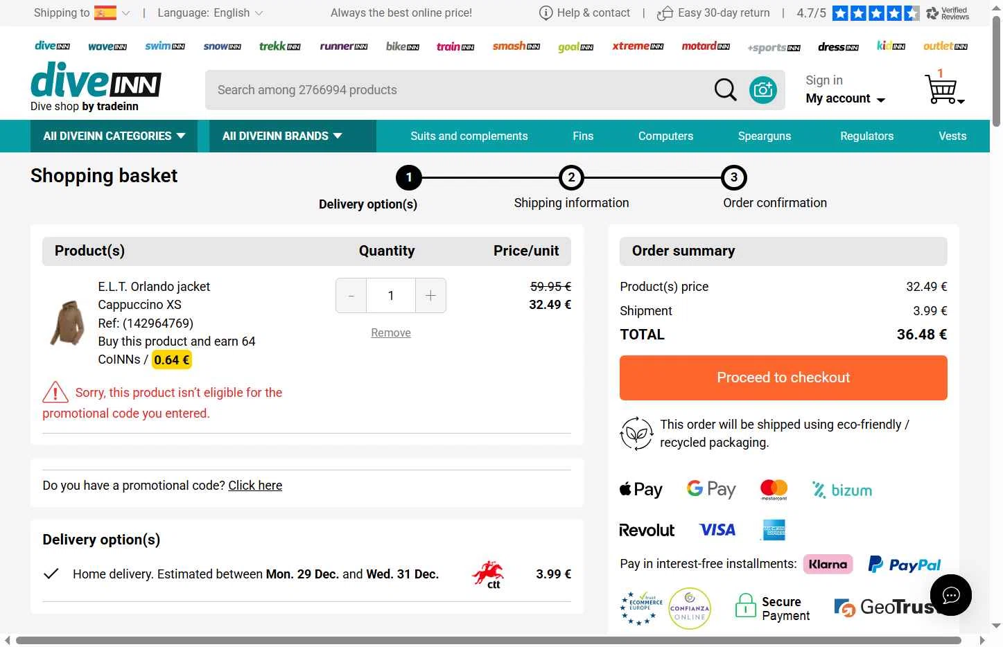 Diveinn checkout page showing Diveinn promo code box | Screenshot taken by SimplyCodes community member on Dec 23, 2025