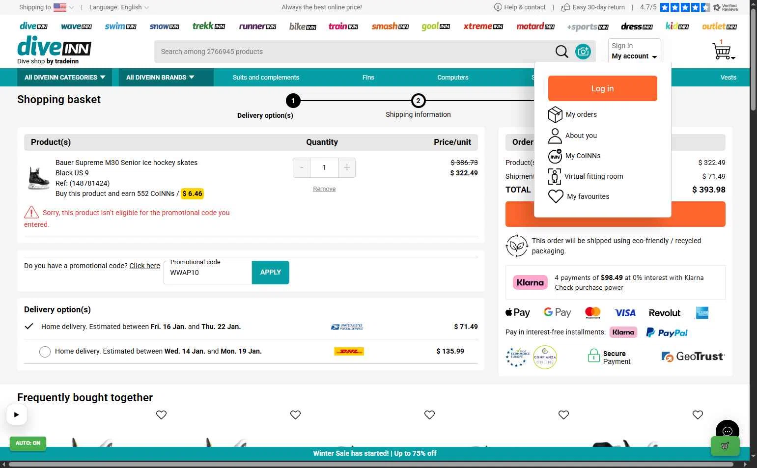 Diveinn checkout page showing Diveinn promo code box | Screenshot taken by SimplyCodes community member on Jan 7, 2026