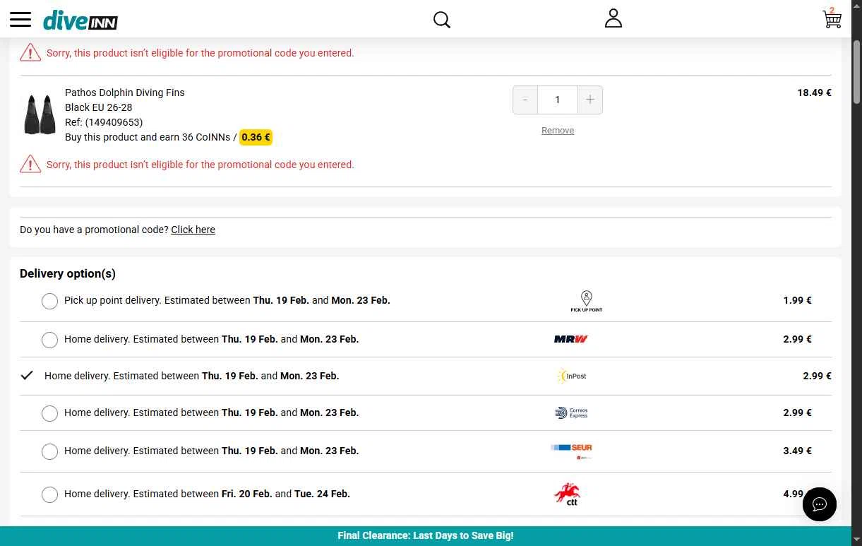 Diveinn checkout page showing Diveinn promo code box | Screenshot taken by SimplyCodes community member on Feb 9, 2026