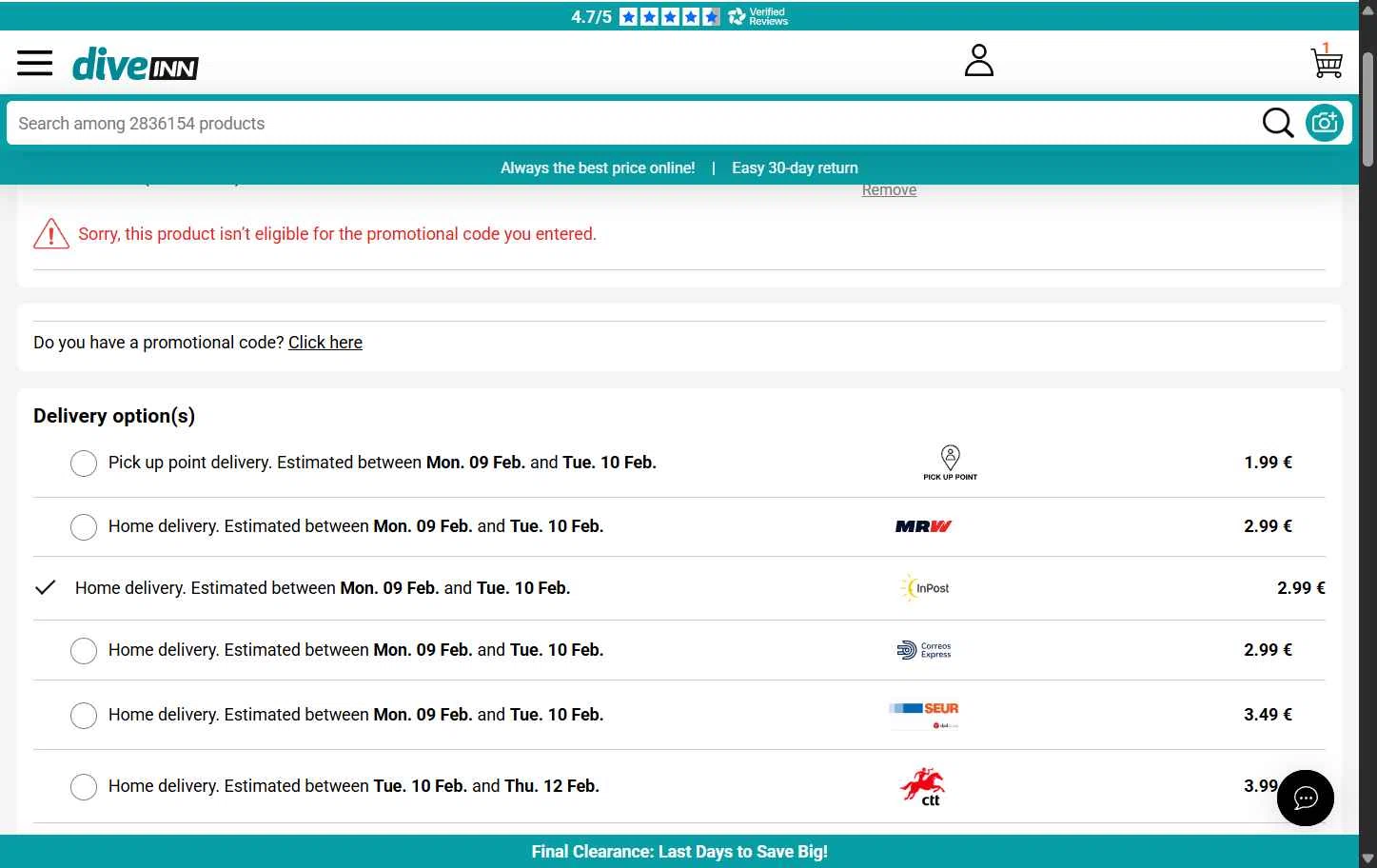 Diveinn checkout page showing Diveinn promo code box | Screenshot taken by SimplyCodes community member on Feb 7, 2026