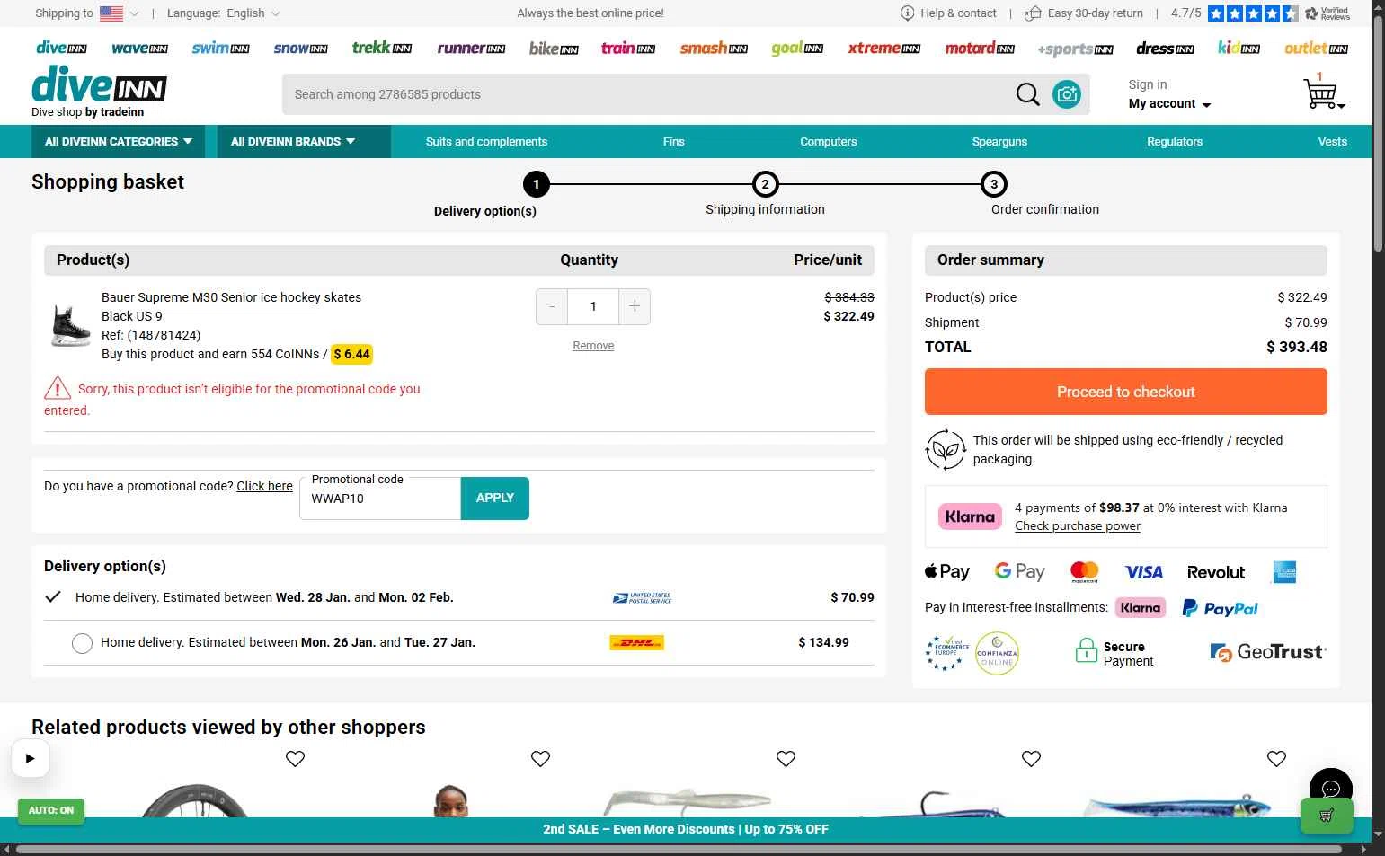 Diveinn checkout page showing Diveinn promo code box | Screenshot taken by SimplyCodes community member on Jan 19, 2026