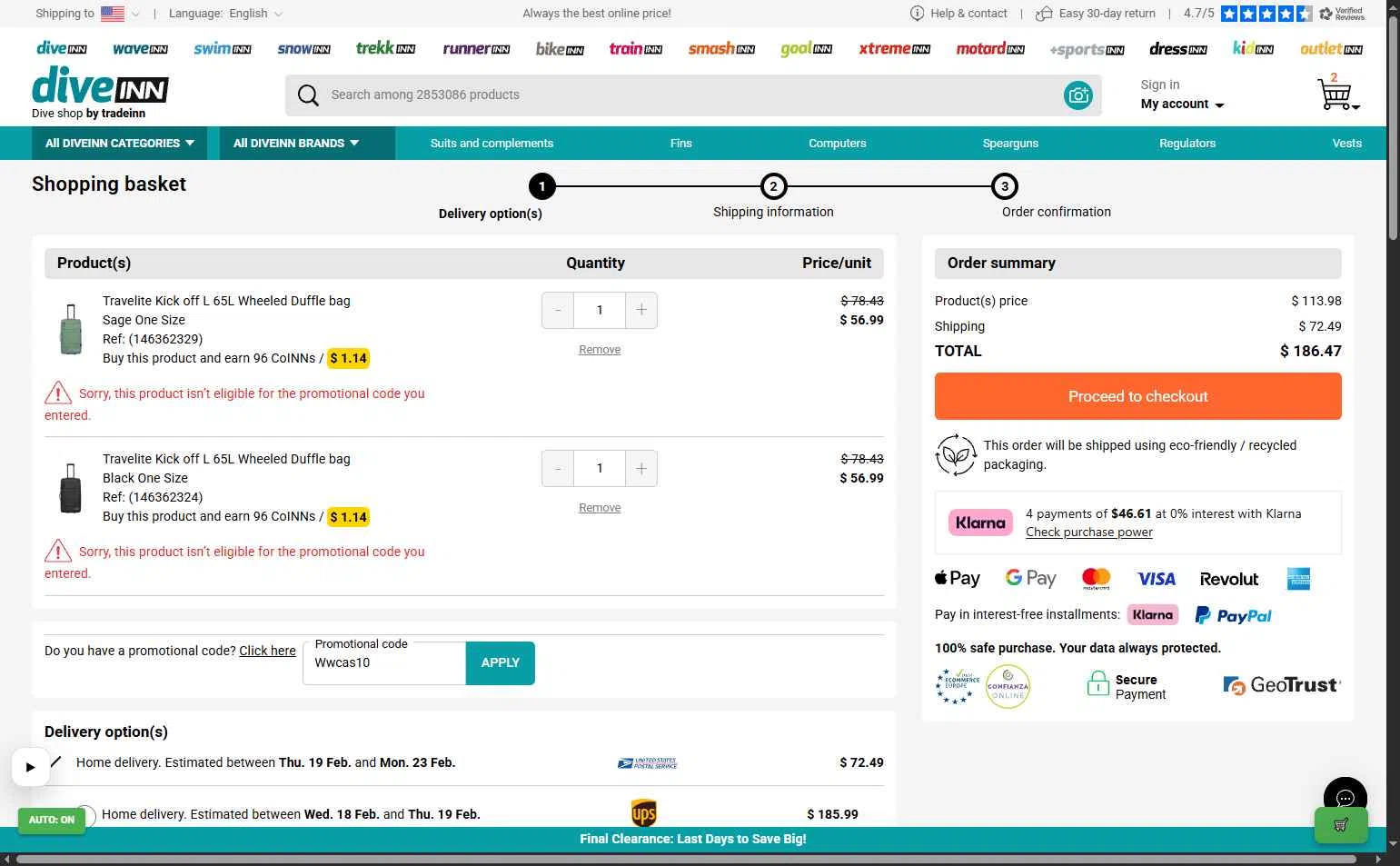 Diveinn checkout page showing Diveinn promo code box | Screenshot taken by SimplyCodes community member on Feb 15, 2026
