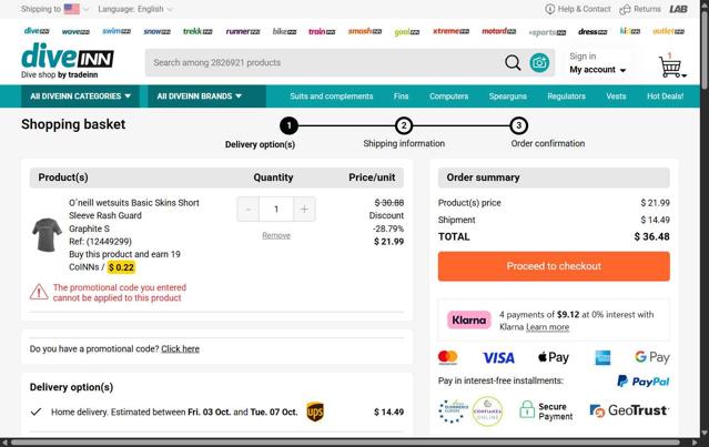 Diveinn checkout page showing Diveinn promo code box | Screenshot taken by SimplyCodes community member on Sep 26, 2025