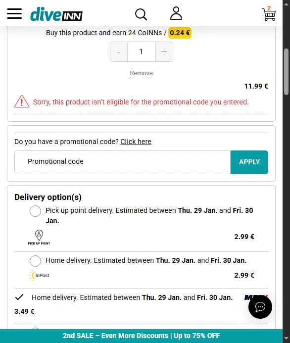 Diveinn checkout page showing Diveinn promo code box | Screenshot taken by SimplyCodes community member on Jan 23, 2026