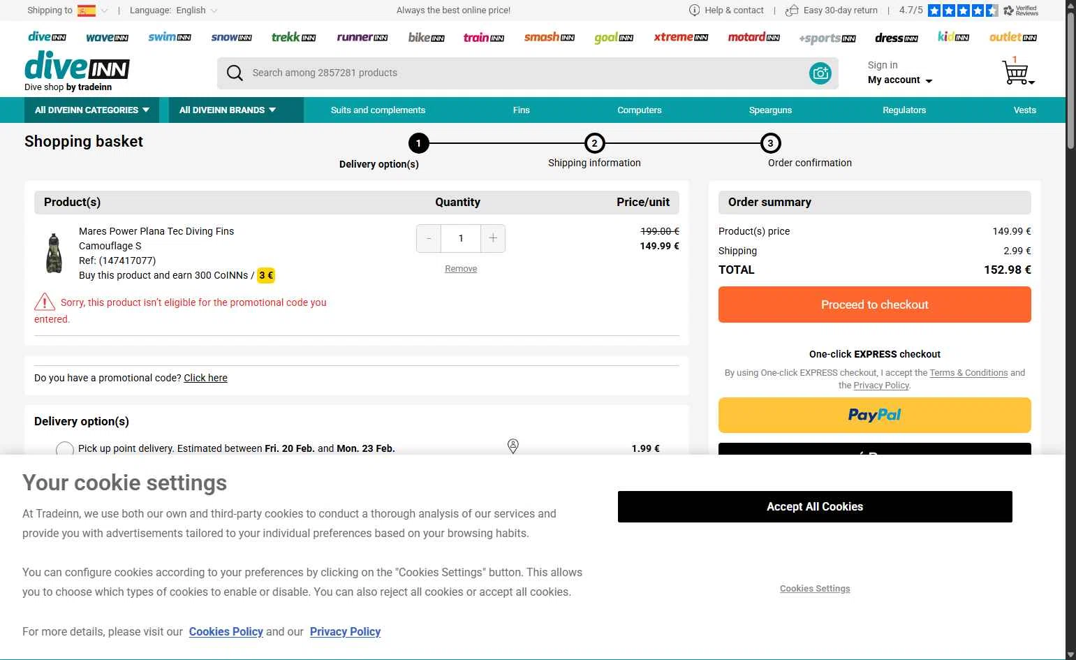Diveinn checkout page showing Diveinn promo code box | Screenshot taken by SimplyCodes community member on Feb 16, 2026