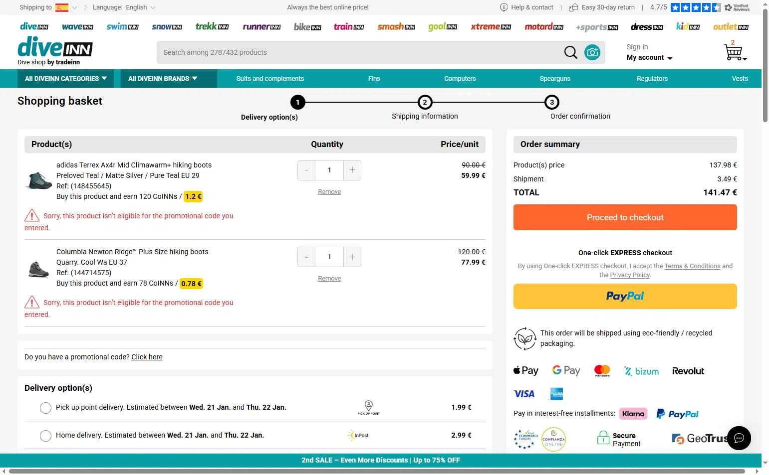 Diveinn checkout page showing Diveinn promo code box | Screenshot taken by SimplyCodes community member on Jan 20, 2026