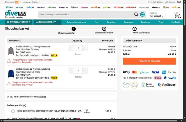 Diveinn checkout page showing Diveinn promo code box | Screenshot taken by SimplyCodes community member on Sep 29, 2025