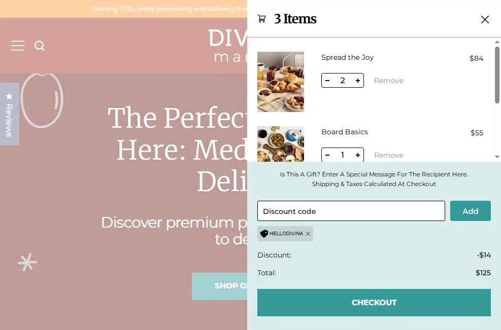 Divina Marketplace checkout page showing Divina Marketplace promo code box | Screenshot taken by SimplyCodes community member on Dec 31, 2025