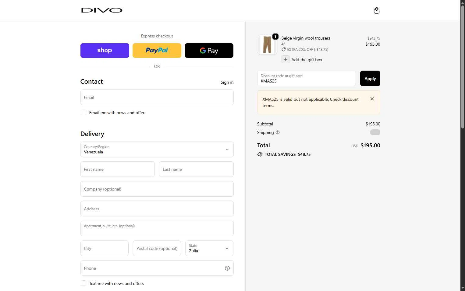 Divo Boutique checkout page showing Divo Boutique promo code box | Screenshot taken by SimplyCodes community member on Dec 12, 2025