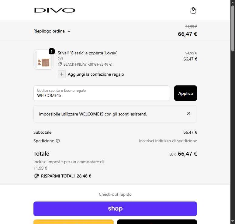 Divo Boutique checkout page showing Divo Boutique promo code box | Screenshot taken by SimplyCodes community member on Nov 24, 2025