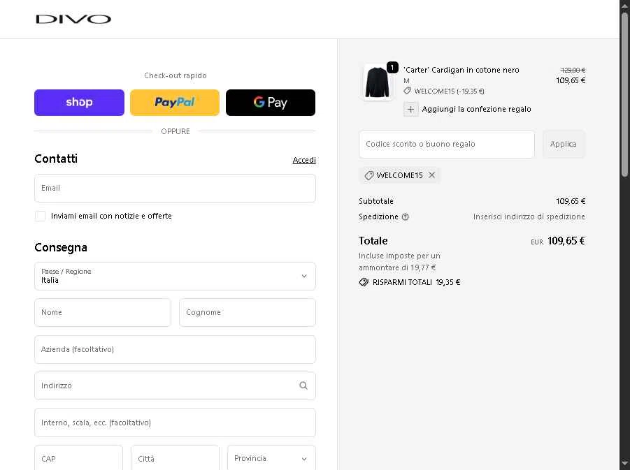 Divo Boutique checkout page showing Divo Boutique promo code box | Screenshot taken by SimplyCodes community member on Dec 23, 2025