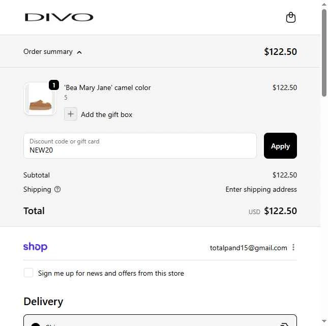 Divo Boutique checkout page showing Divo Boutique promo code box | Screenshot taken by SimplyCodes community member on Oct 14, 2025