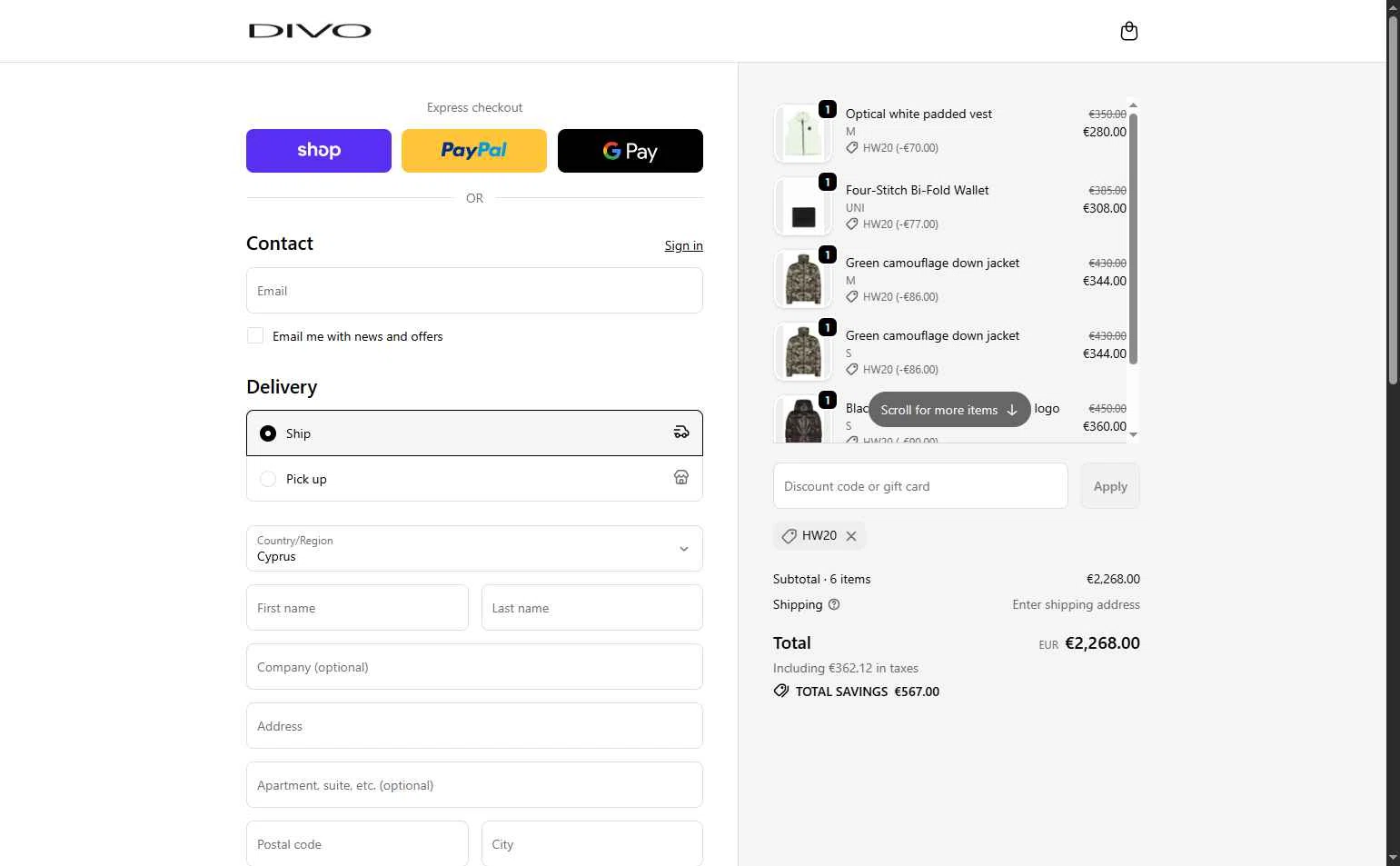 Divo Boutique checkout page showing Divo Boutique promo code box | Screenshot taken by SimplyCodes community member on Oct 16, 2025