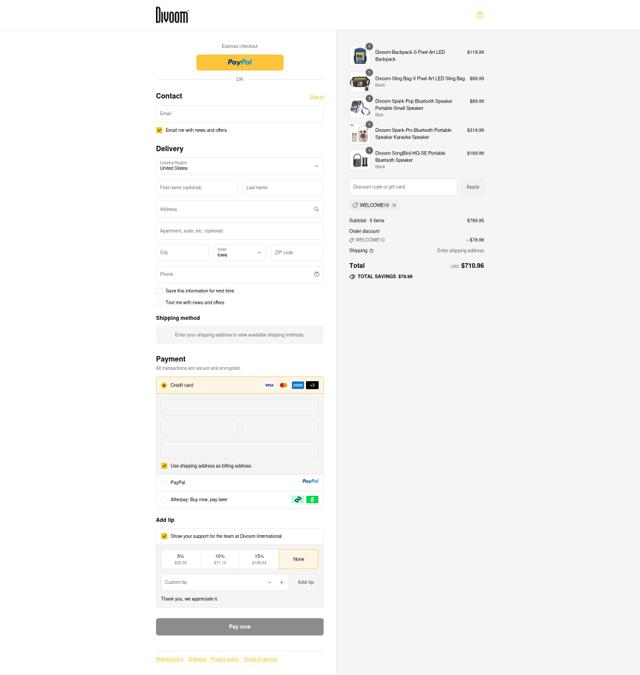 Divoom checkout page showing Divoom promo code box | Screenshot taken by SimplyCodes community member on Sep 12, 2025
