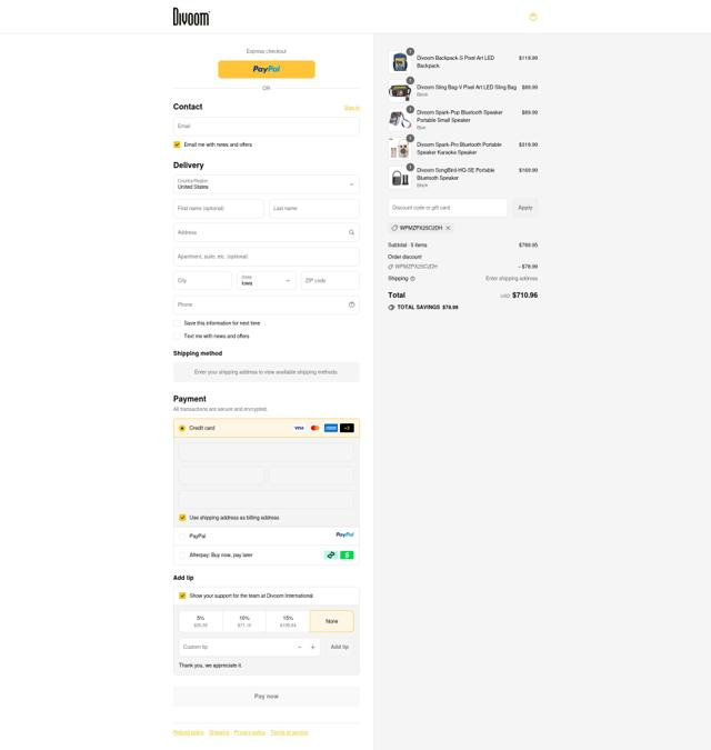 Divoom checkout page showing Divoom promo code box | Screenshot taken by SimplyCodes community member on Sep 12, 2025