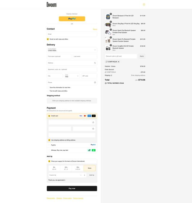Divoom checkout page showing Divoom promo code box | Screenshot taken by SimplyCodes community member on Sep 12, 2025