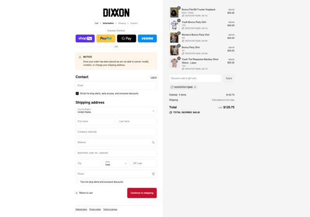 Dixxon Flannel checkout page showing Dixxon Flannel discount code box | Screenshot taken by SimplyCodes community member on Aug 27, 2025