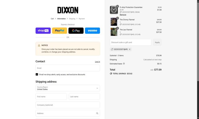 Dixxon Flannel checkout page showing Dixxon Flannel discount code box | Screenshot taken by SimplyCodes community member on Aug 17, 2025